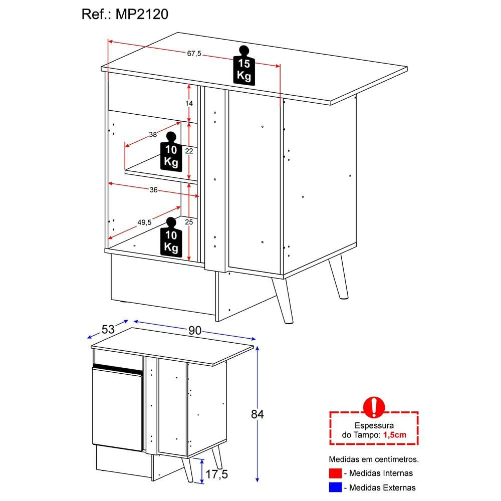 Balcão Cozinha com Rodapé de Canto 1 Porta Veneza Multimóveis MP2120.891 Branco