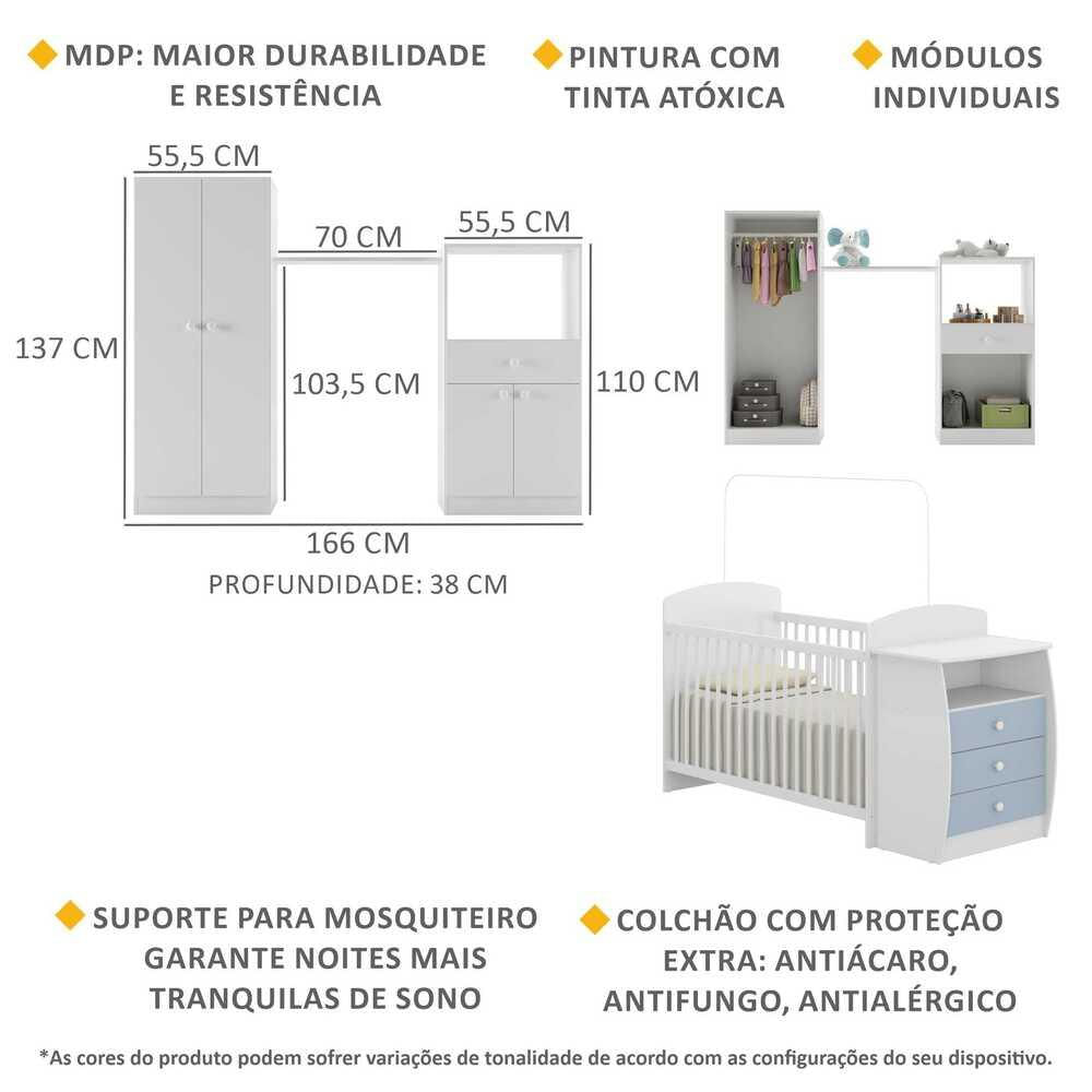 Quarto Infantil com Berço-Cômoda e Colchão Incluso Laura Multimóveis Branco/Azul