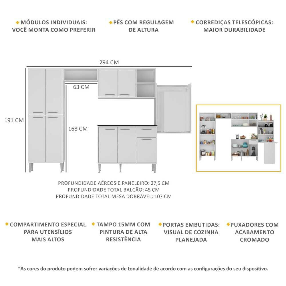 Armário de Cozinha Completa com Mesa Dobrável Siena Multimóveis MP2039 Branca