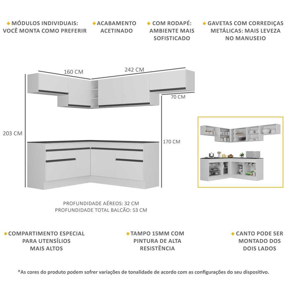 Armário de Cozinha Completa de Canto com Rodapé Veneza Multimóveis MP2104.964 Branco/Preto