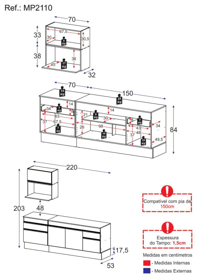 Armário de Cozinha Compacta com Rodapé Veneza Multimóveis MP2110 Preta