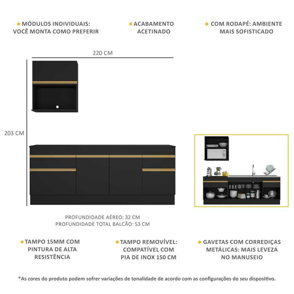 Armário de Cozinha Compacta com Rodapé Veneza Multimóveis MP2110 Preta