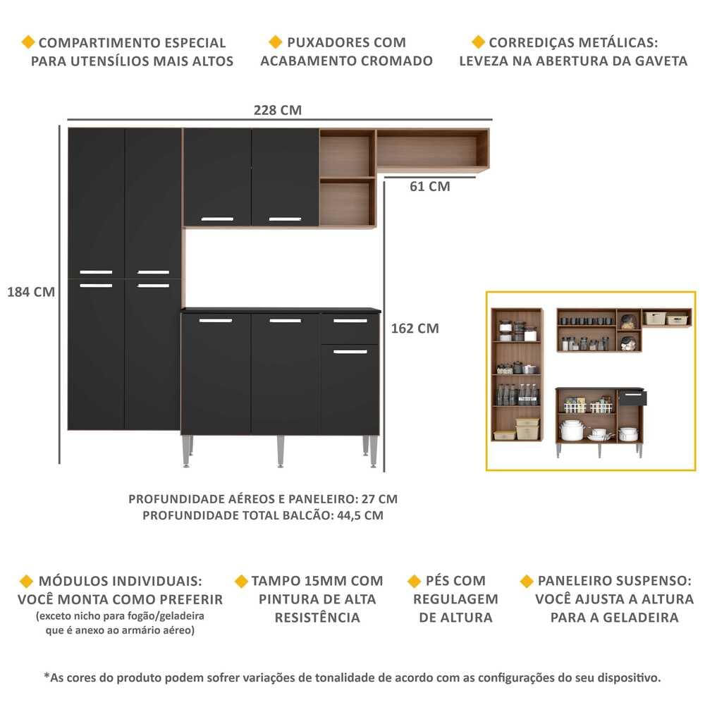 Armário de Cozinha Compacta Pequim Sun Multimóveis com Balcão Madeirado com Preto