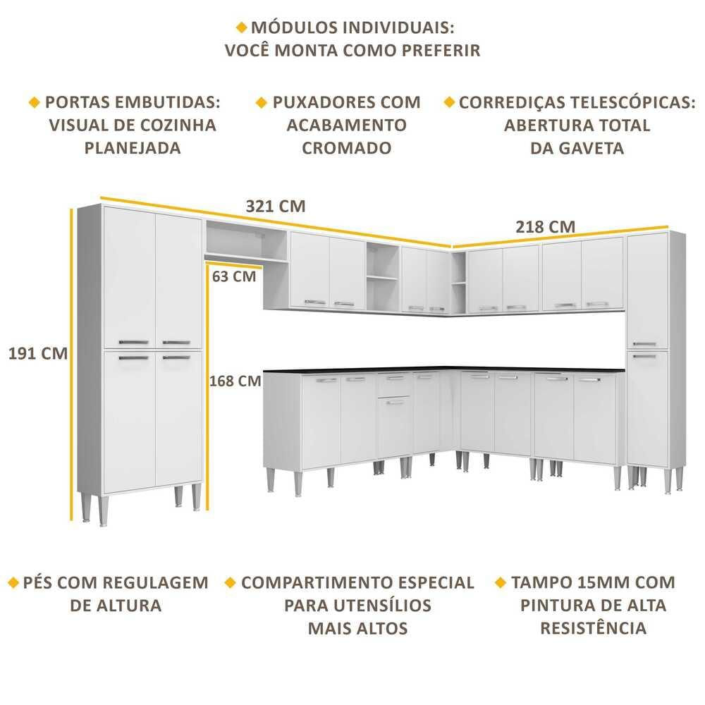 Armário de Cozinha Completa com Tampo 11 peças Xangai Pop Multimóveis Branca