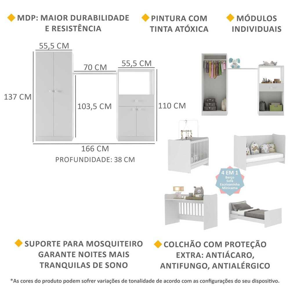 Quarto Infantil com Berço 4 em 1 e Colchão Incluso Sofia Multimóveis Branco