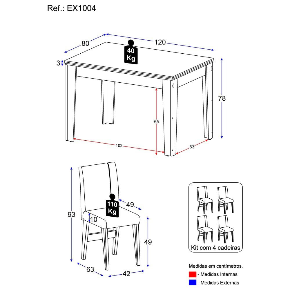 Conjunto Mesa de Jantar 120 cm com 4 Cadeiras Tokio Multimóveis EX1004 Madeirado/Off White/Castor