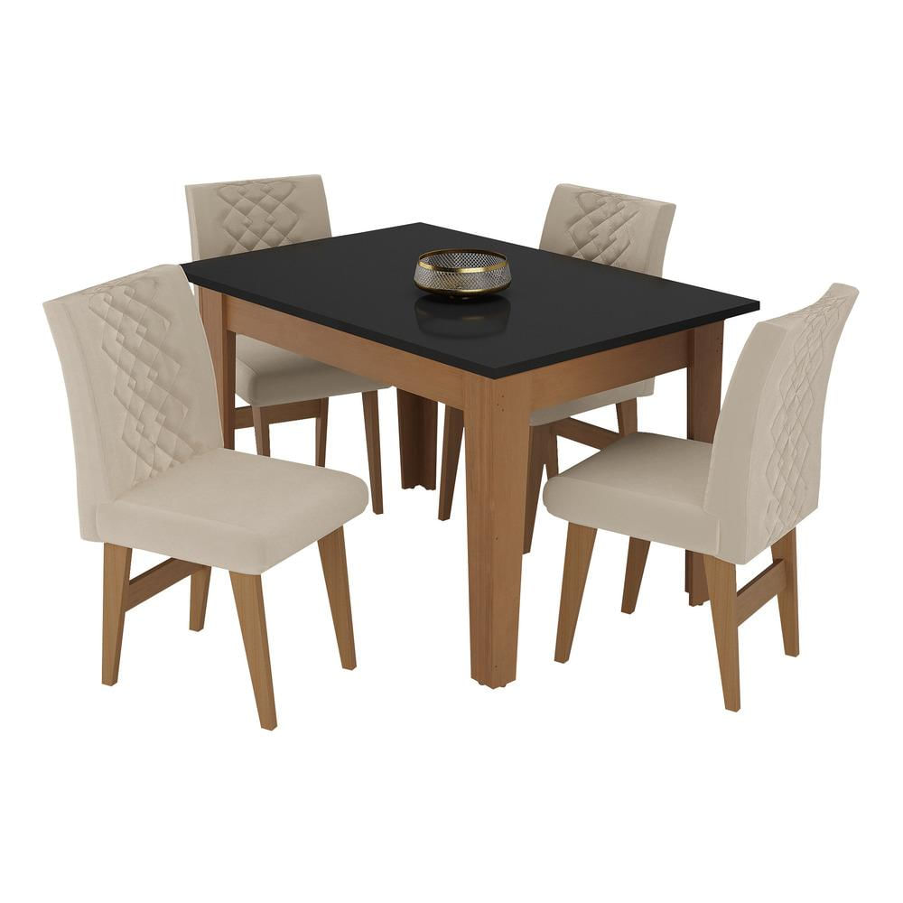 Conjunto Mesa de Jantar 120 cm com 4 cadeiras Rio Multimóveis EX1005 Madeirado/Preto/Bege