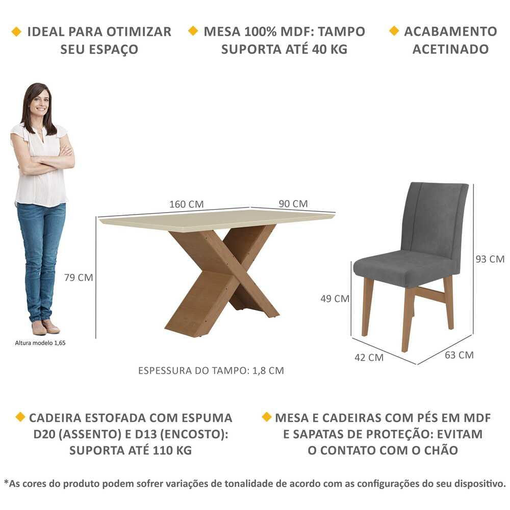 Conjunto Mesa de Jantar 160 cm com 6 cadeiras Lisboa Multimóveis EX1008 Madeirado/Off White/Grafite