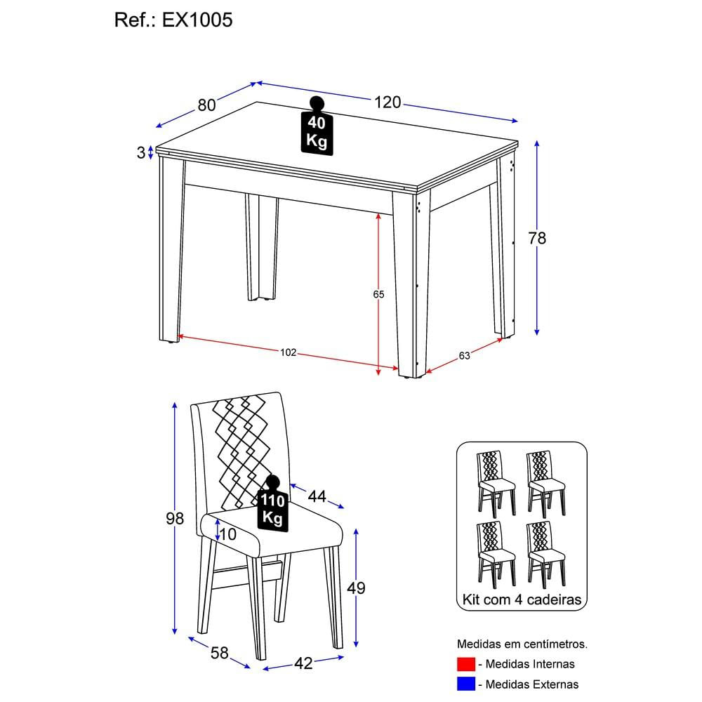 Conjunto Mesa de Jantar 120 cm com 4 cadeiras Rio Multimóveis EX1005 Madeirado/Off White/Castor