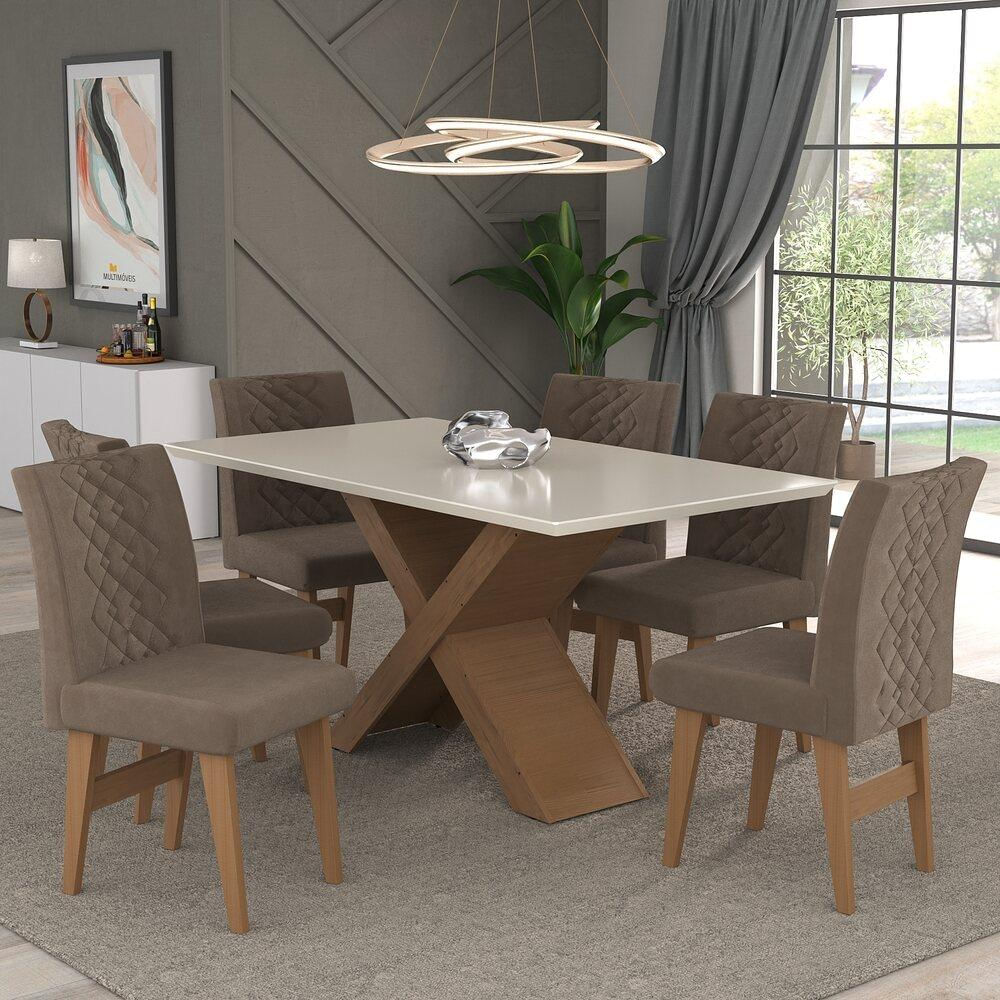 Conjunto Mesa de Jantar 160 cm com 6 cadeiras Moscou Multimóveis EX1009 Madeirado/Off White/Castor