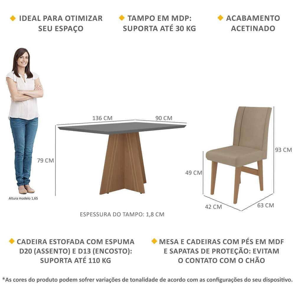 Conjunto Mesa de Jantar 136 cm com 4 cadeiras Denver Multimóveis EX1006 Madeirado/Grafite/Mascavo