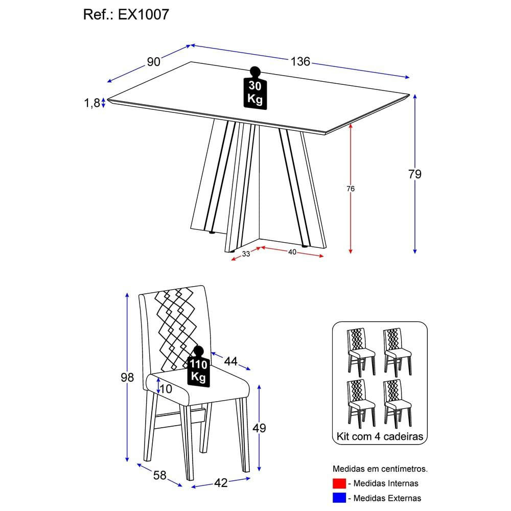 Conjunto Mesa de Jantar 136 cm com 4 cadeiras Marselha Multimóveis EX1007 Madeirado/Grafite/Castor