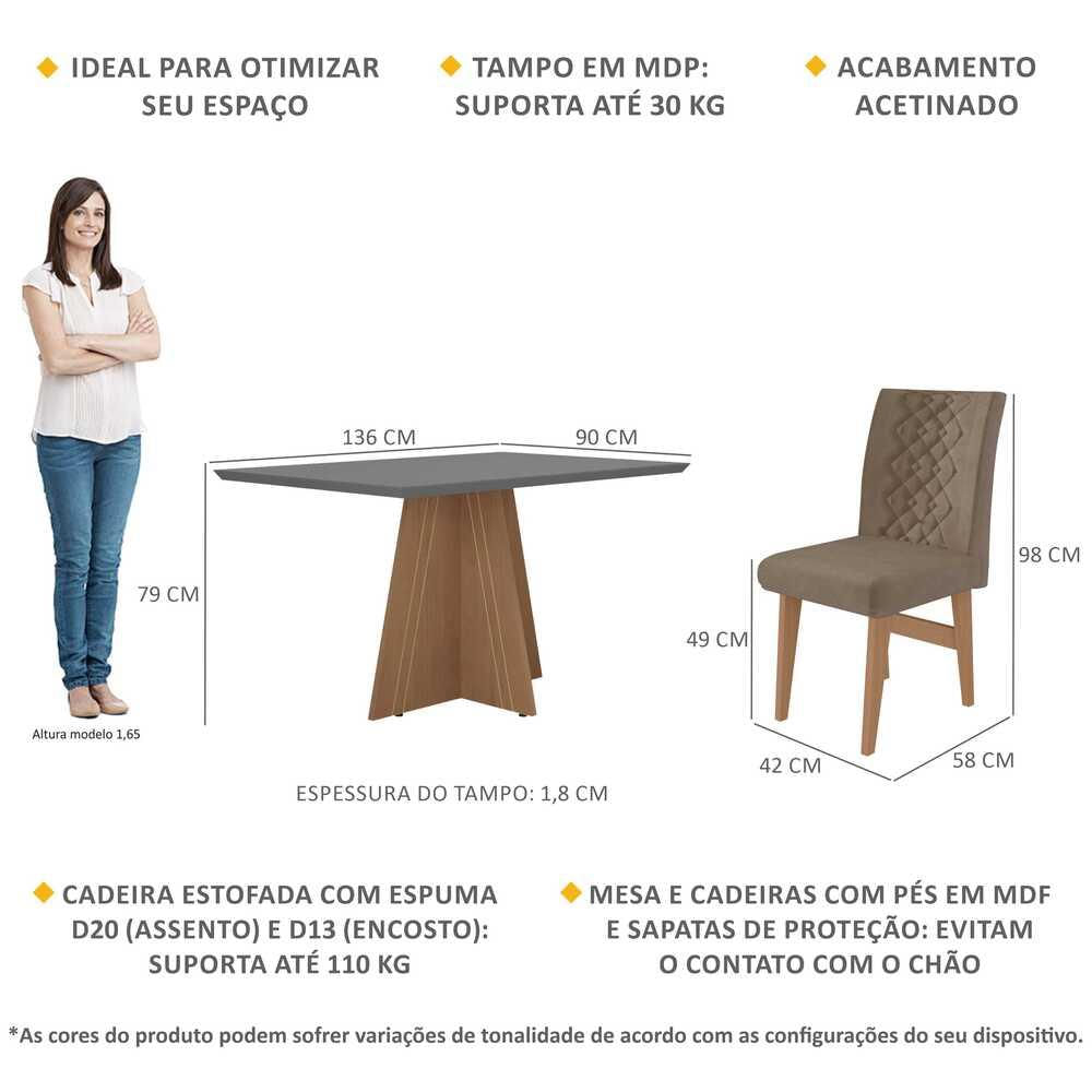 Conjunto Mesa de Jantar 136 cm com 4 cadeiras Marselha Multimóveis EX1007 Madeirado/Grafite/Castor