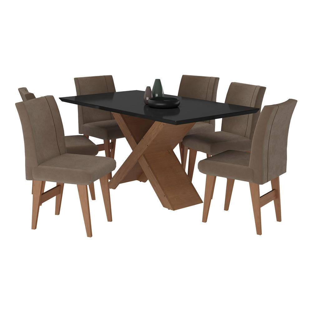 Conjunto Mesa de Jantar 160 cm com 6 cadeiras Lisboa Multimóveis EX1008 Madeirado/Preto/Castor