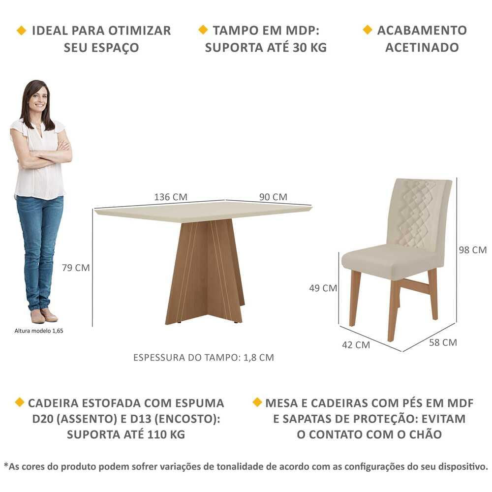 Conjunto Mesa de Jantar 136 cm com 4 cadeiras Marselha Multimóveis EX1007 Madeirado/Off White/Bege