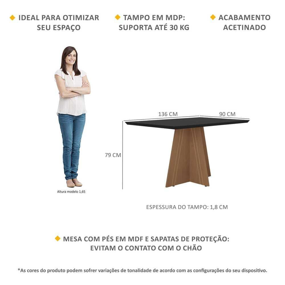 Mesa de Jantar 136 cm Denver Multimóveis EX2001 Madeirada/Preta