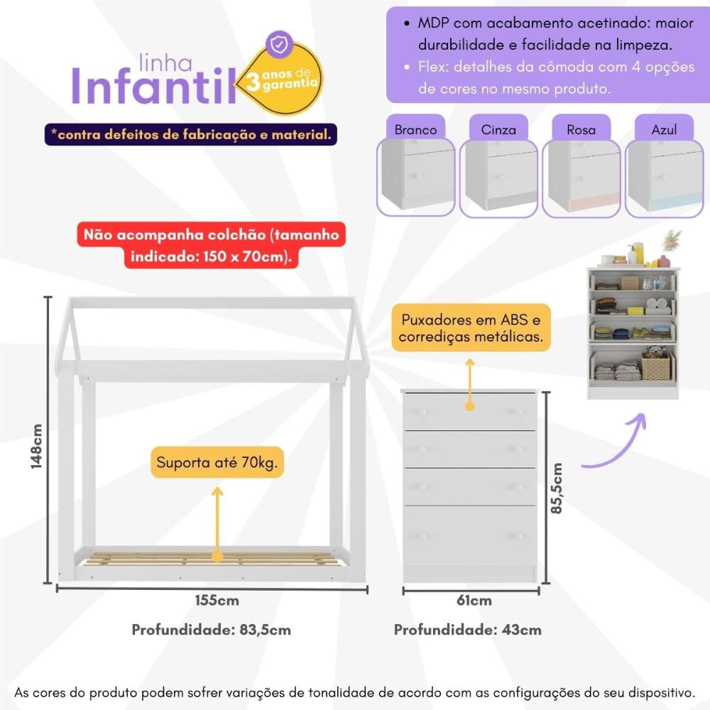 Quarto Infantil com Cama Montessoriana e Cômoda Flex João e Maria Multimóveis MX4273 Branco