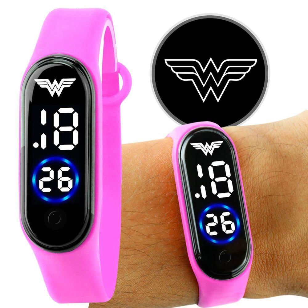 Relogio Heroi Prova Infantil Dagua Digital Mulher Maravilha Criança Presente Heroi Silicone Pink