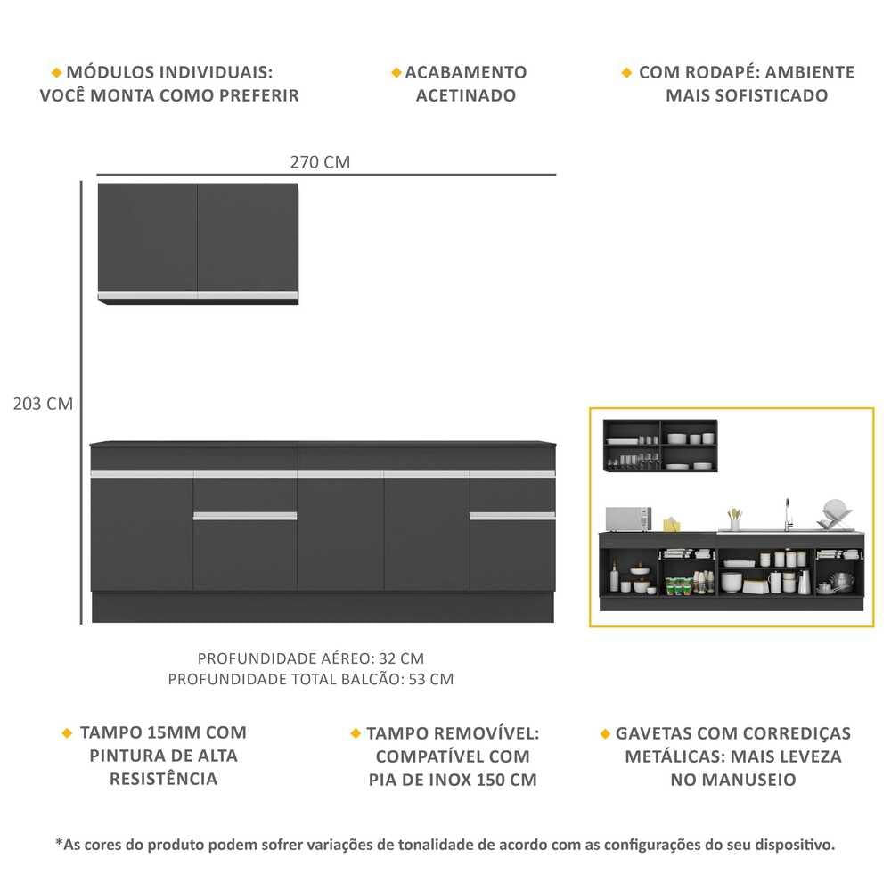 Armário de Cozinha Compacta com Rodapé Veneza Multimóveis MP2111.898 Preto/Branco