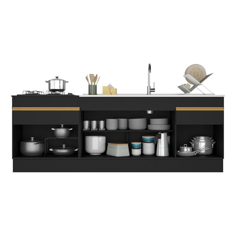 Kit Com 2 Balcões De Cozinha 150cm E 70cm Com Rodapé Veneza Multimóveis V2108 Preto/dourado