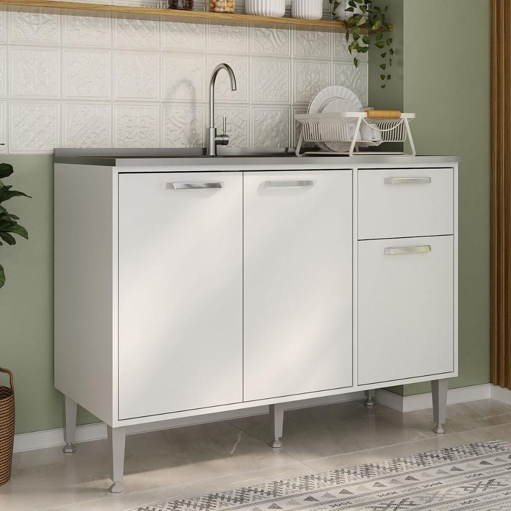 Balcão De Cozinha Gabinete Pia 105cm 3 Portas 1 Gaveta Xangai Multimóveis Mp2246 Branco Branco