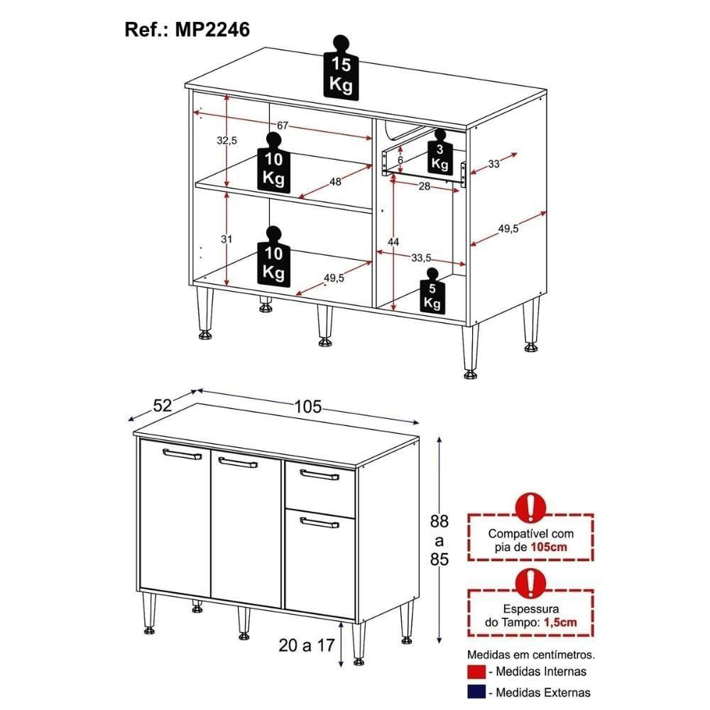 Balcão De Cozinha Gabinete Pia 105cm 3 Portas 1 Gaveta Xangai Multimóveis Mp2246 Branco Branco