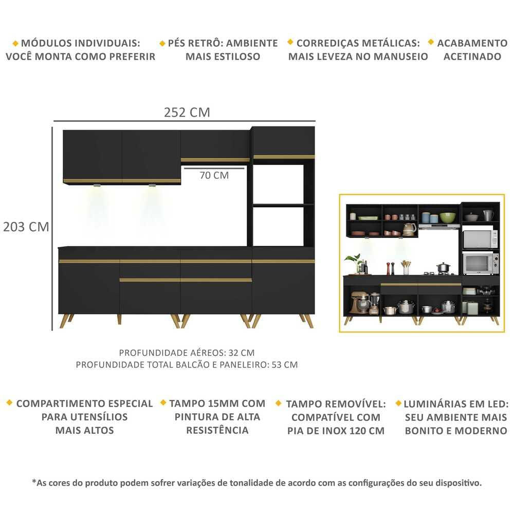 Armário de Cozinha Completa Multimóveis Veneza Up FG2035 com Leds e Balcão Preta