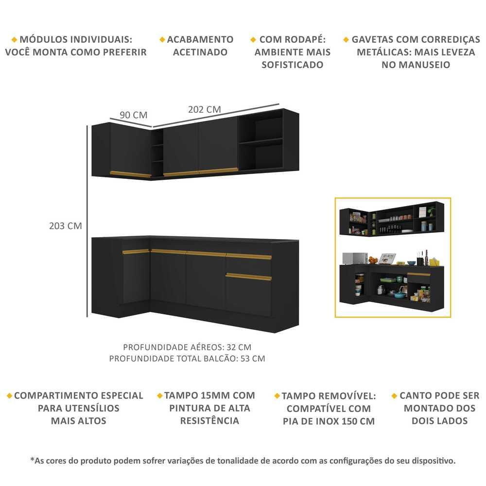 Armário de Cozinha Compacta de Canto com Rodapé Veneza Multimóveis MP2093 Preta