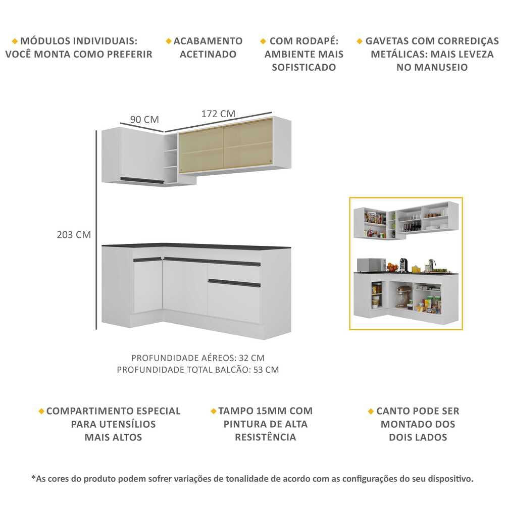 Armário de Cozinha Compacta de Canto com Rodapé Veneza Multimóveis MP2091.964 Branco/Preto