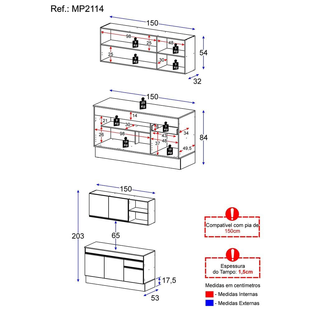 Armário de Cozinha Compacta com Rodapé Veneza Multimóveis MP2114.895 Preto