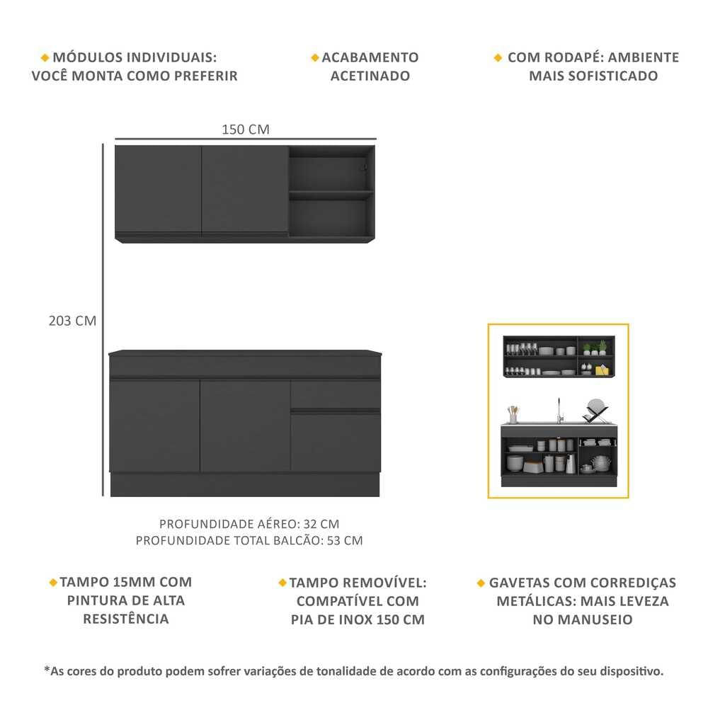 Armário de Cozinha Compacta com Rodapé Veneza Multimóveis MP2114.895 Preto