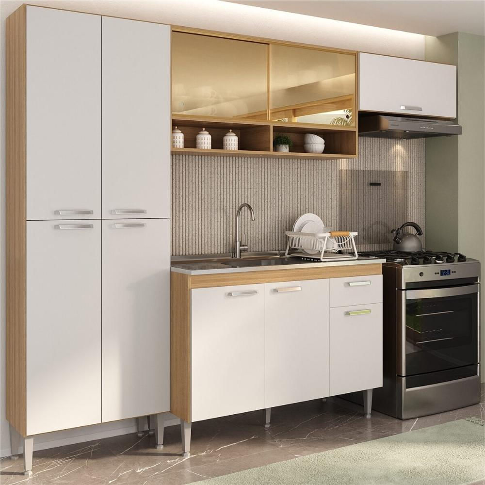 Armário de Cozinha Compacta com Balcão para Pia e Paneleiro Paris Multimóveis MP2229 Rustic/Branco