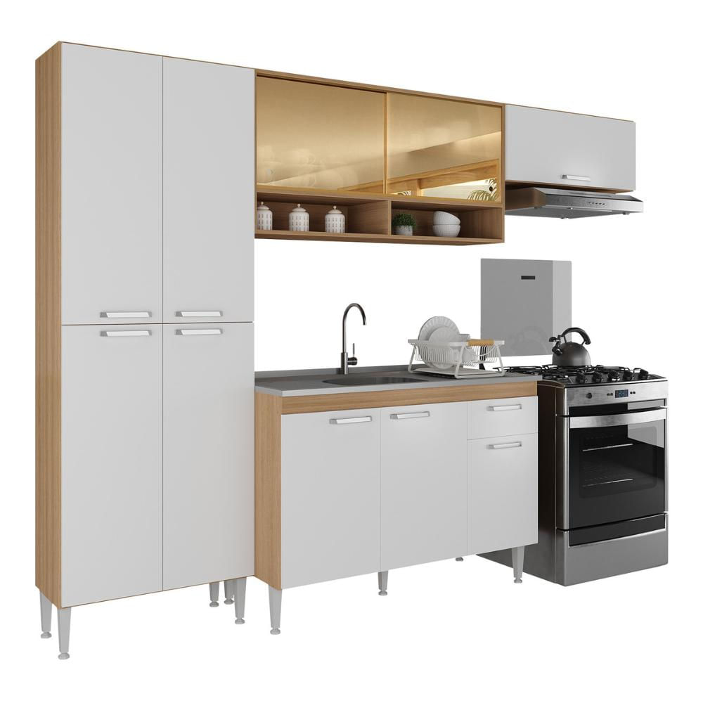 Armário de Cozinha Compacta com Balcão para Pia e Paneleiro Paris Multimóveis MP2229 Rustic/Branco