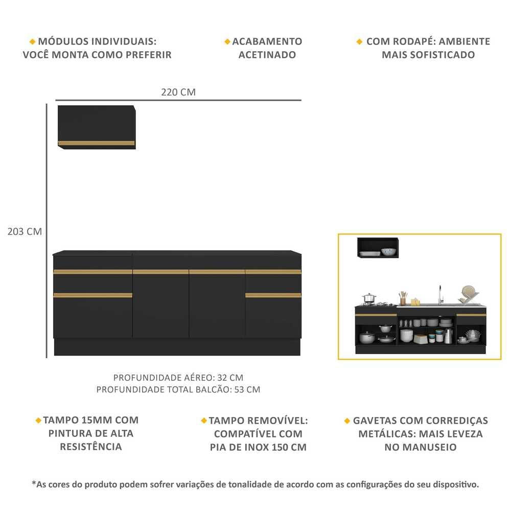 Armário de Cozinha Compacta com Rodapé Veneza Multimóveis MP2109 Preta