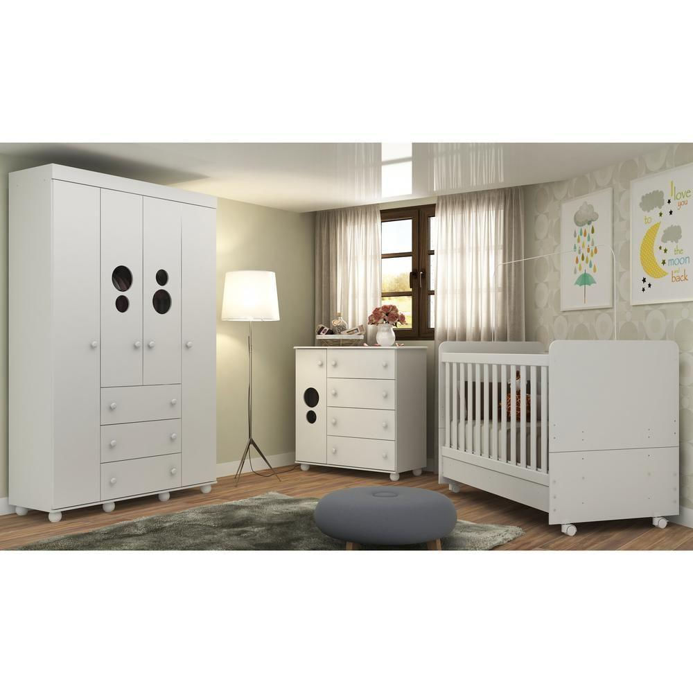 Quarto Completo Com Berço 3x1 Com Rodízios Multimóveis Pimpolho Fg3011 Branco