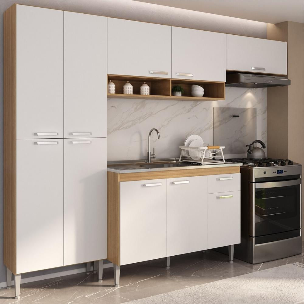 Armário de Cozinha Compacta com Armário e Balcão Paris Multimóveis MP2230 Rustic/Branco