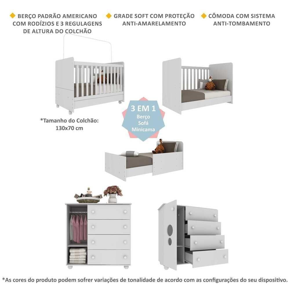 Quarto Infantil Com Berço E Cômoda Pimpolho Fg3569 Branco