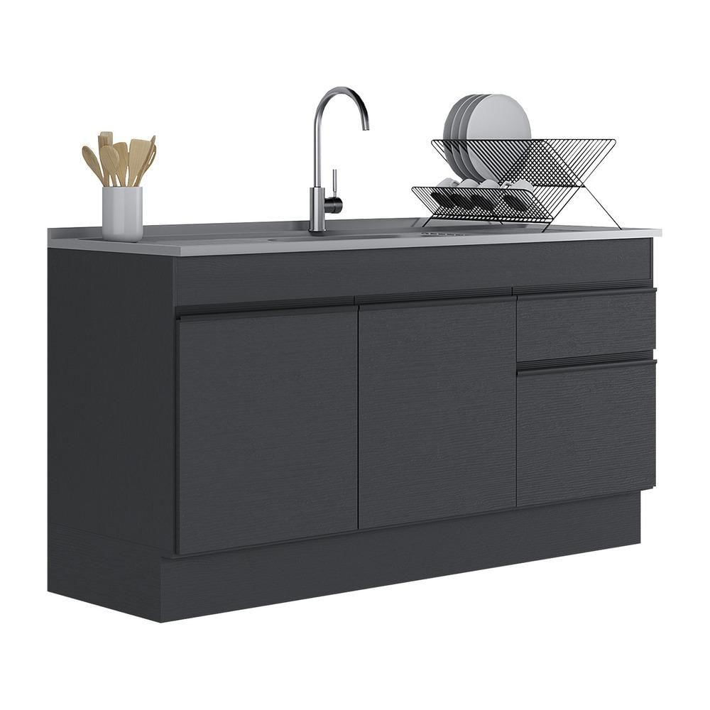 Balcão Cozinha Gabinete Pia 150 Cm 3 Portas 1 Gaveta Preto