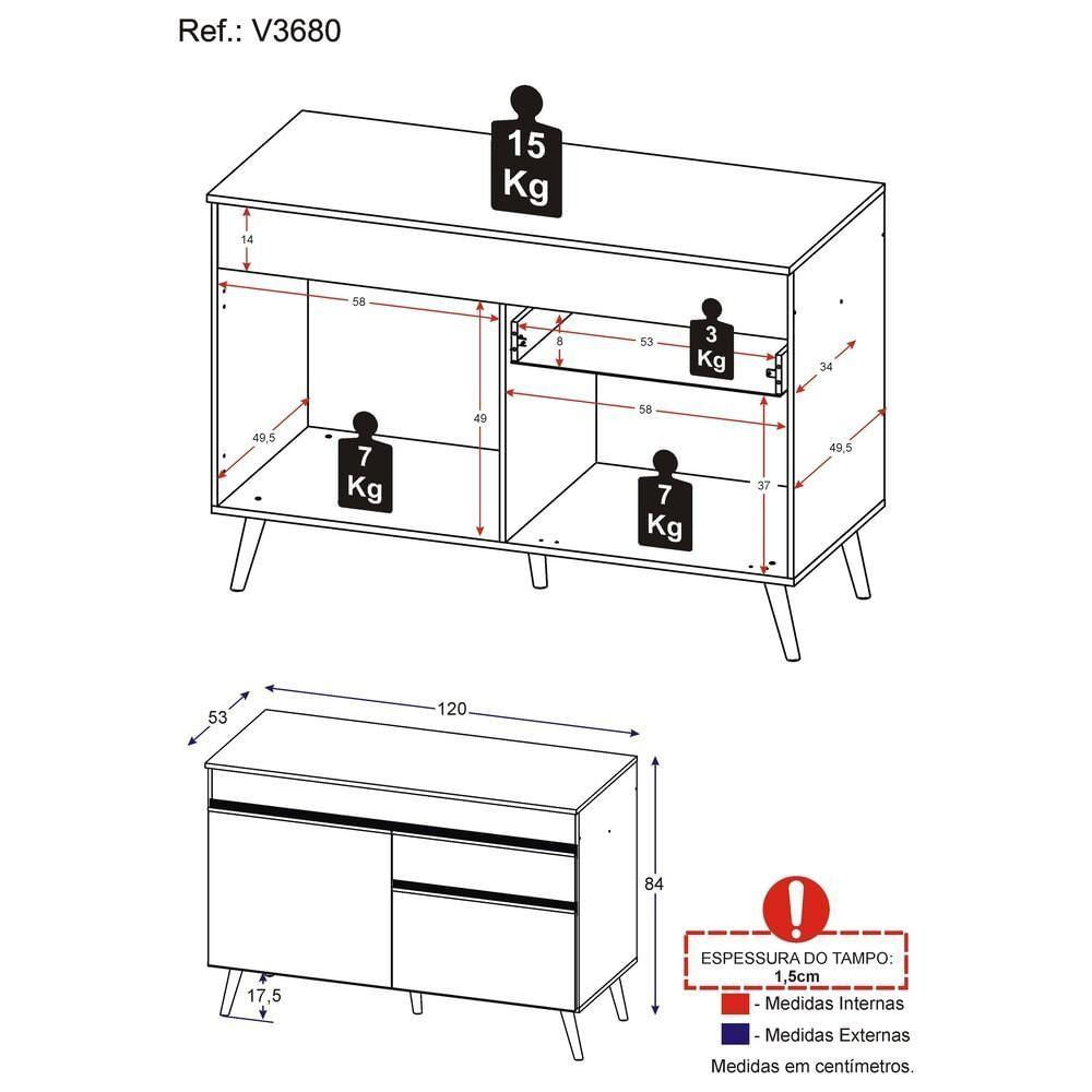 Balcão Cozinha 120cm 2 Portas 1 Gaveta Veneza Multimóveis V3680 Branco Branco