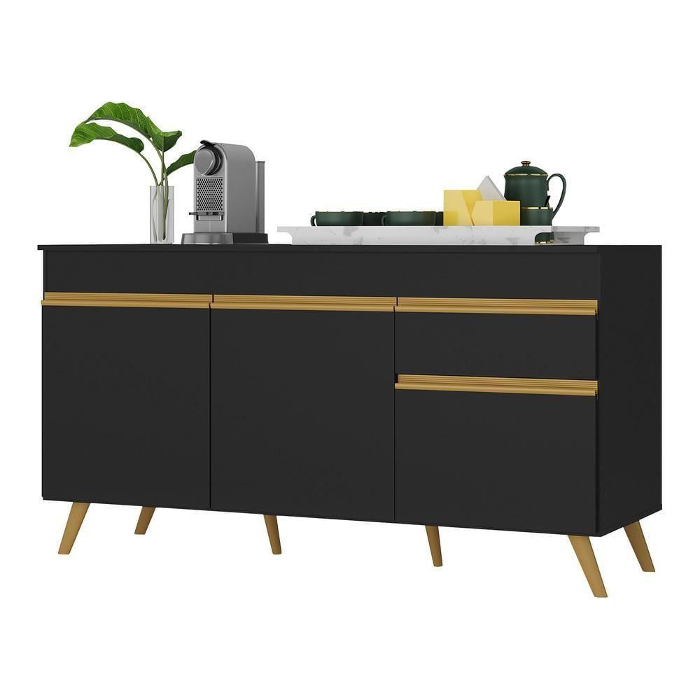 Balcão Cozinha Gabinete Pia 150cm 3 Portas 1 Gaveta Veneza Multimóveis V3740 Preto/dourado