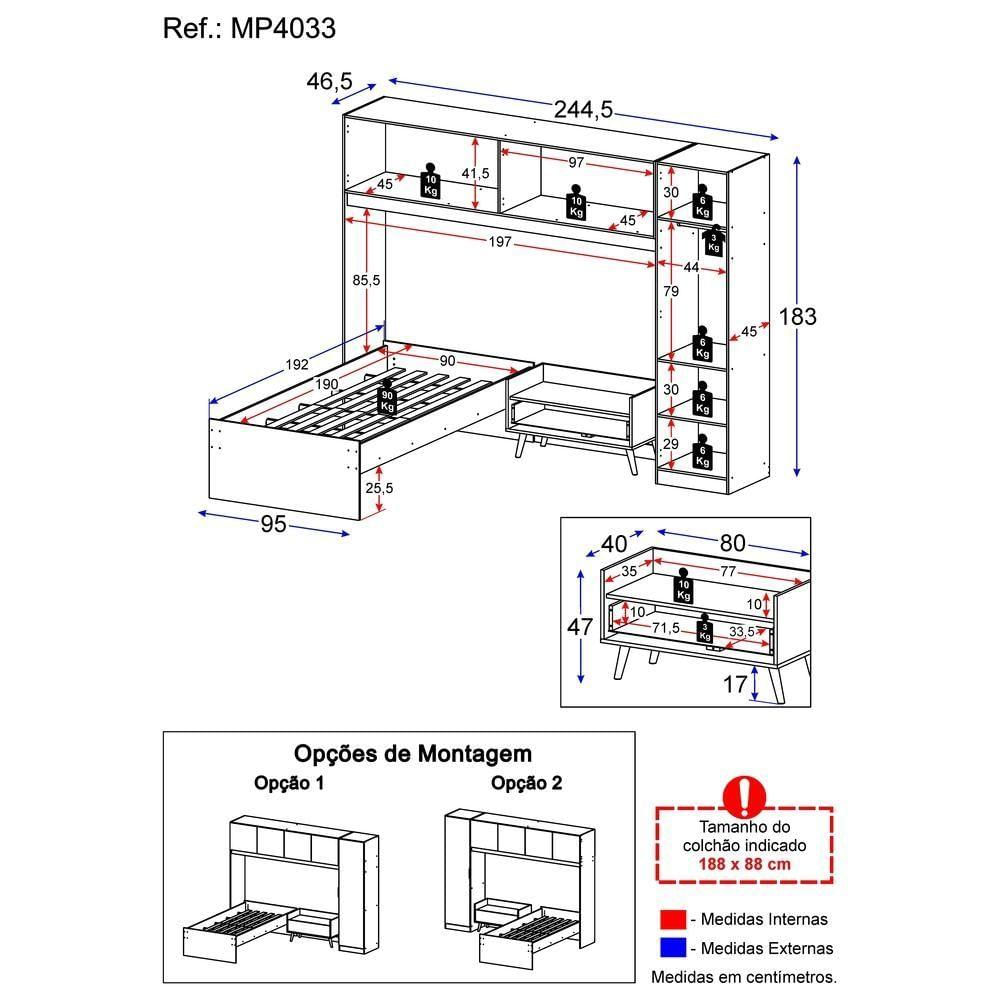 Cama De Solteiro + Guarda Roupa Mp4033 Branca/Preta