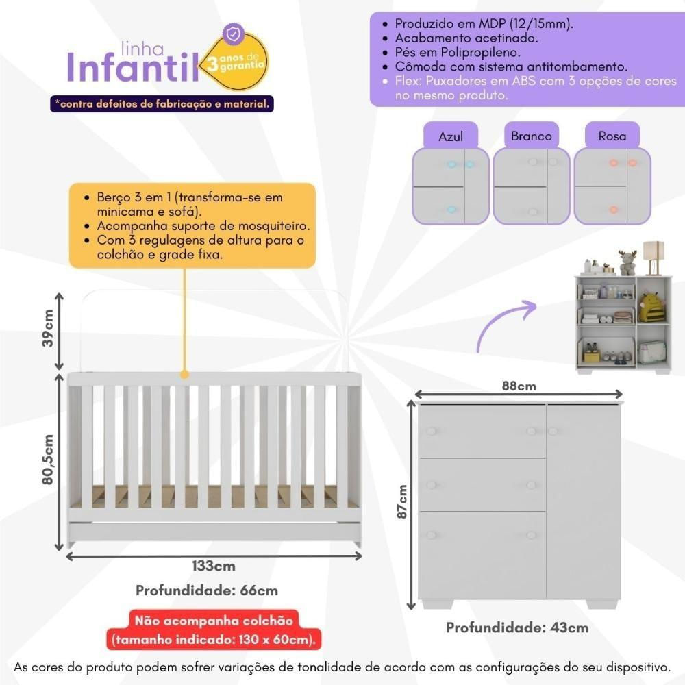 Quarto Infantil Com Berço 3 Em 1 E Cômoda Algodão Doce Multimóveis Mp4249 Branco