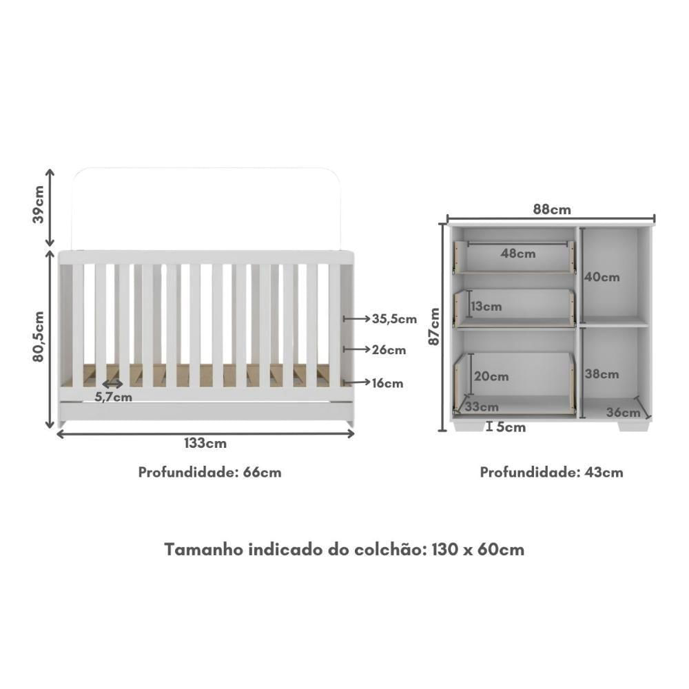 Quarto Infantil Com Berço 3 Em 1 E Cômoda Algodão Doce Multimóveis Mp4249 Branco