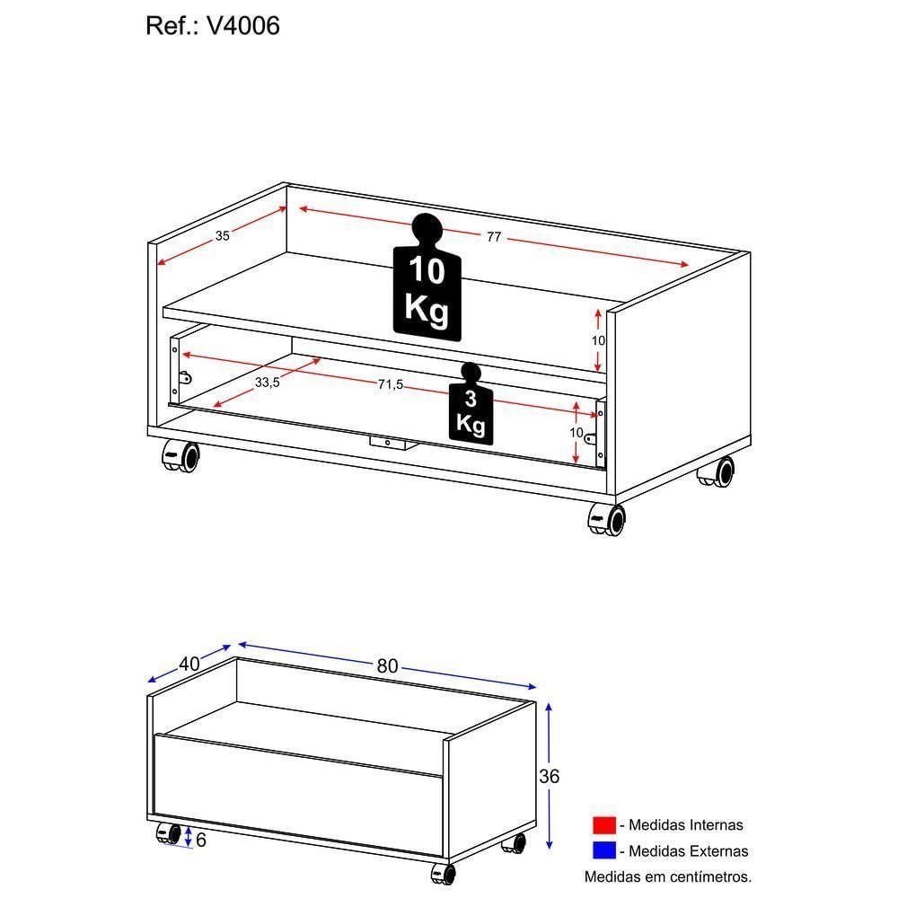 Mesa De Cabeceira 80Cm Com Rodízios Multimóveis V4006 Preto