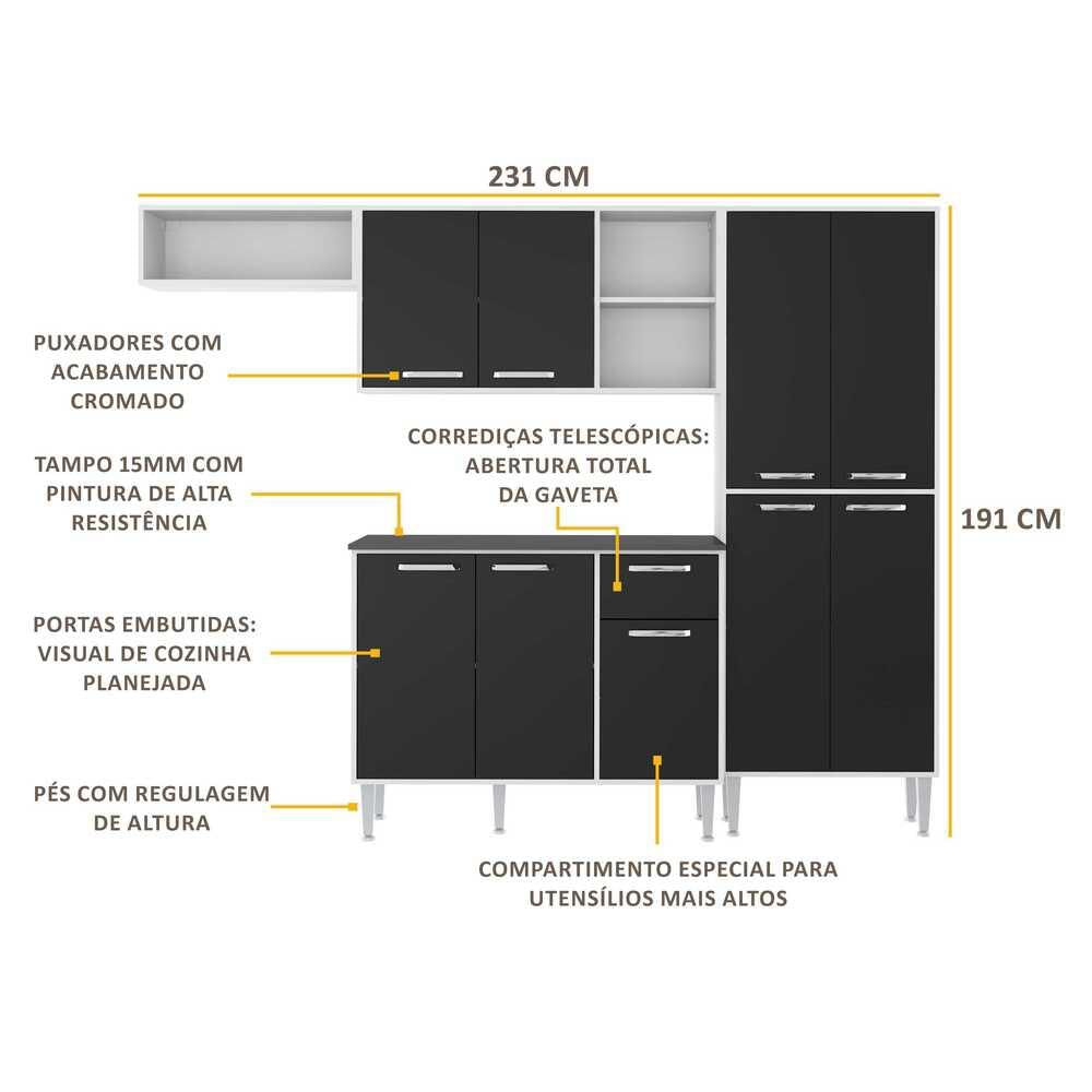 Armário de Cozinha Compacta com Tampo Coimbra Multimóveis Preto/Branco