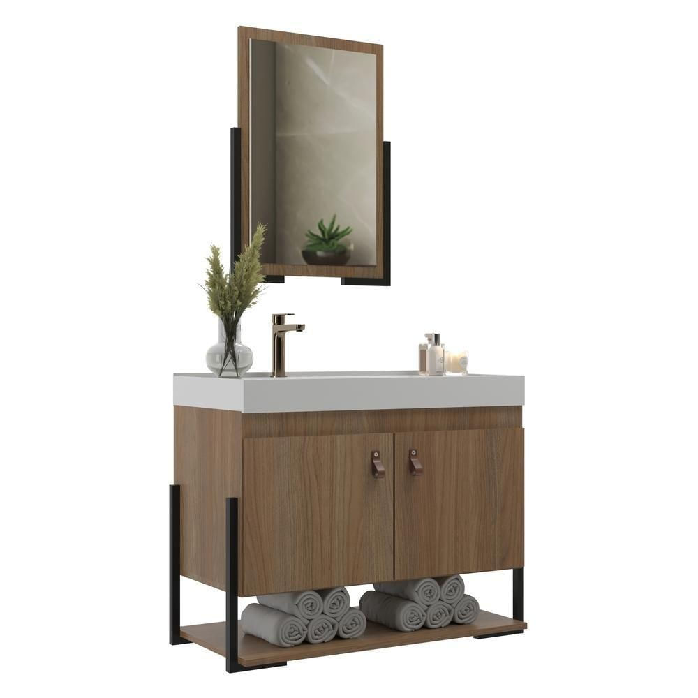 Gabinete Banheiro 60cm 2 Portas Com Cuba E Espelheira Multimóveis Cr10105 Noce Noce