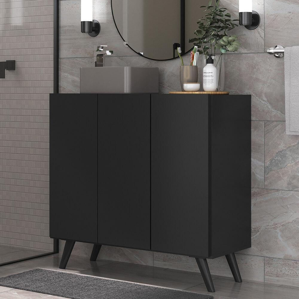 Gabinete Banheiro 3 Portas Retrô 90Cm Mp5030 Preto