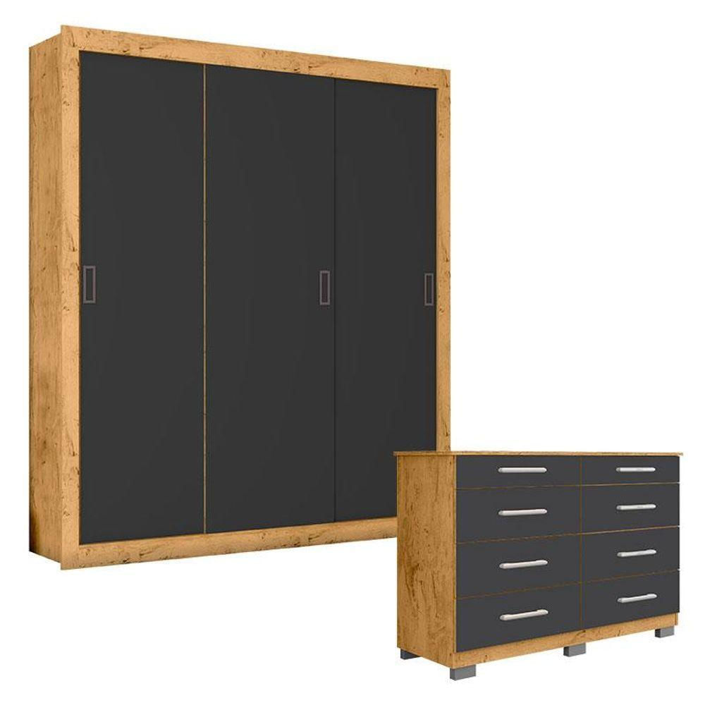 Cômoda 8050 E Guarda Roupa Casal Cor2303044 Freijó Carbono Flex - Araplac