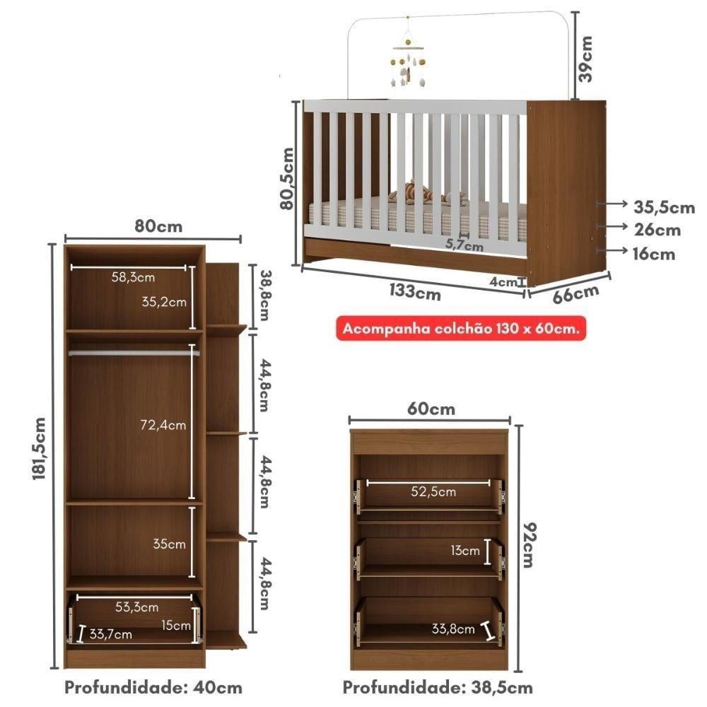 Quarto Infantil Completo Com Colchão Incluso Doce De Leite Multimóveis Mp4238 Madeirado/branco