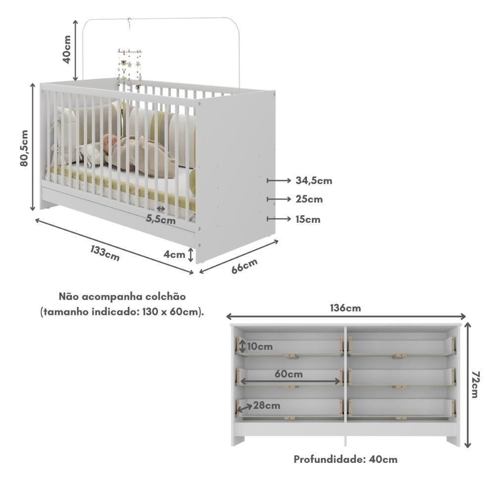 Berço 3 Em 1 Para Colchão 130 X 60cm Com Cômoda Framboesa Multimóveis Branco